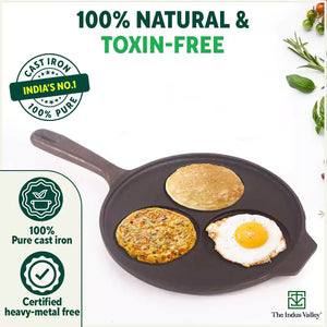 CASTrong Cast Iron Uttapam/ Set Dosa Tawa, 3 Pit, Pre-seasoned, 100% Pure, Toxin-free, Induction, 23cm