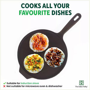 CASTrong Cast Iron Uttapam/ Set Dosa Tawa, 3 Pit, Pre-seasoned, 100% Pure, Toxin-free, Induction, 23cm