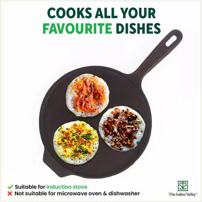 CASTrong Cast Iron Uttapam/ Set Dosa Tawa, 3 Pit, Pre-seasoned, 100% Pure, Toxin-free, Induction, 23cm