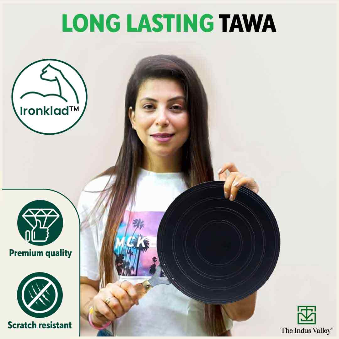 100% Pure Sheet Iron Tawa, Concave, Toxin-free, Seasoned, Wooden Handle, 25.5cm, 0.9kg