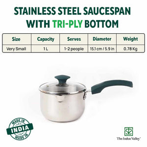 Tri-steel Stainless Steel Tea/Milk Pan with Spout & Glass lid, Premium Quality, Tri-ply (3 Layer) Bottom, 100% Toxin-free, Non-stick, Induction & Gas, 1 Litre