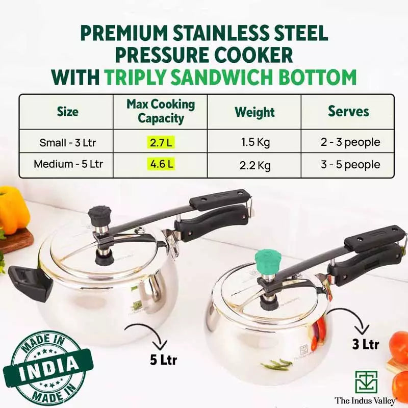 QuicKooker Stainless Steel Pressure Cooker, Premium Quality, Inner Lid, Tri-ply (3 Layer) Heavy Bottom, 100% Safe, ISI Certified, 5 Yr Warranty, Induction & Gas, 3/5L