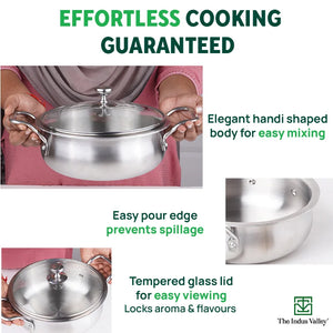 TurboCuk Tri-ply Biryani Cooking Pot/Casserole+ Glass Lid, Wide Handi Shape, Premium Quality, 3 Layer Thick Body, 100% Toxin-free, Non-stick, Induction & Gas, 2L