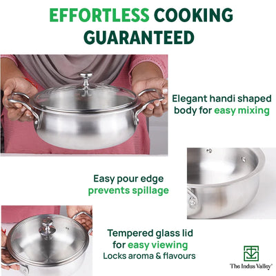 TurboCuk Tri-ply Biryani Cooking Pot/Casserole+ Glass Lid, Wide Handi Shape, Premium Quality, 3 Layer Thick Body, 100% Toxin-free, Non-stick, Induction & Gas, 2L