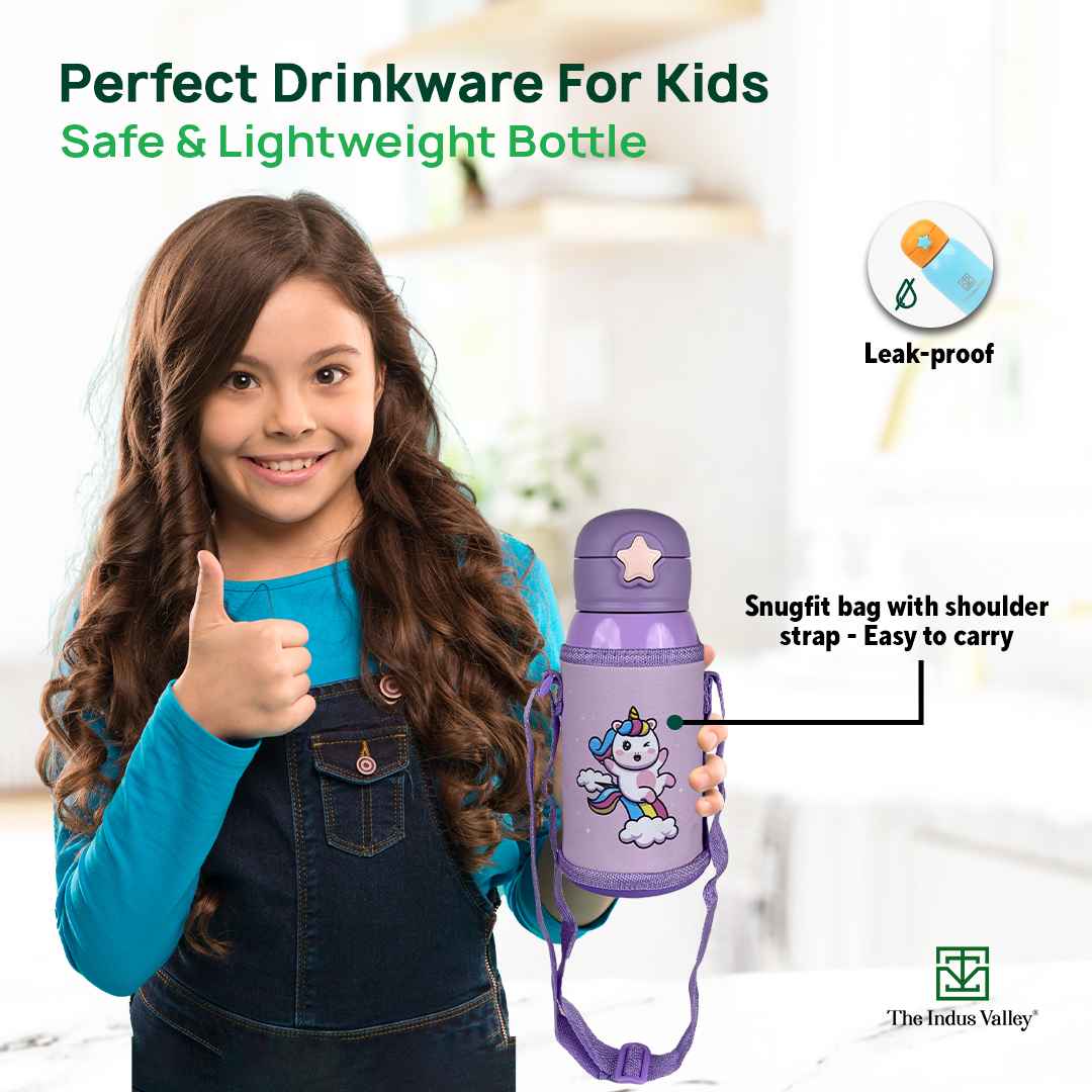Premium Stainless Steel Vacuum Insulated School Kid Water Bottle, Silicone Sippy & Bag,Leakproof Lid