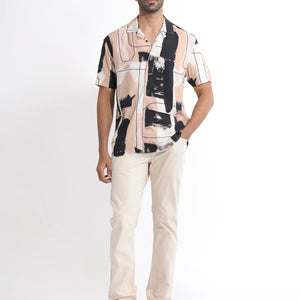 Rare Rabbit Men's Bexley Beige Viscose Fabric Cuban Collar Abstract Print Half Sleeves Shirt