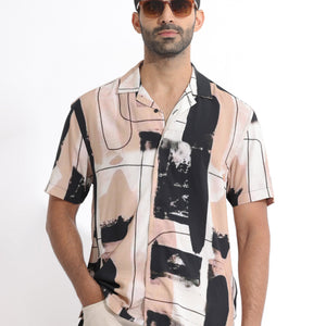 Rare Rabbit Men's Bexley Beige Viscose Fabric Cuban Collar Abstract Print Half Sleeves Shirt