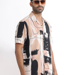 Rare Rabbit Men's Bexley Beige Viscose Fabric Cuban Collar Abstract Print Half Sleeves Shirt
