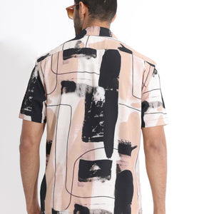 Rare Rabbit Men's Bexley Beige Viscose Fabric Cuban Collar Abstract Print Half Sleeves Shirt