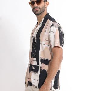 Rare Rabbit Men's Bexley Beige Viscose Fabric Cuban Collar Abstract Print Half Sleeves Shirt
