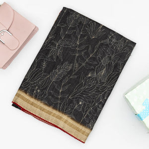 Black Handloom Tussar Silk Saree Printed With Floral Motifs & Contrast Border