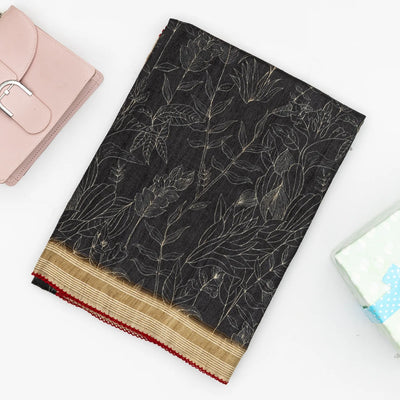 Black Handloom Tussar Silk Saree Printed With Floral Motifs & Contrast Border