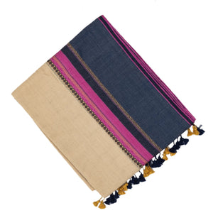 Taupe Bengal Cotton Saree With Navy Blue Border
