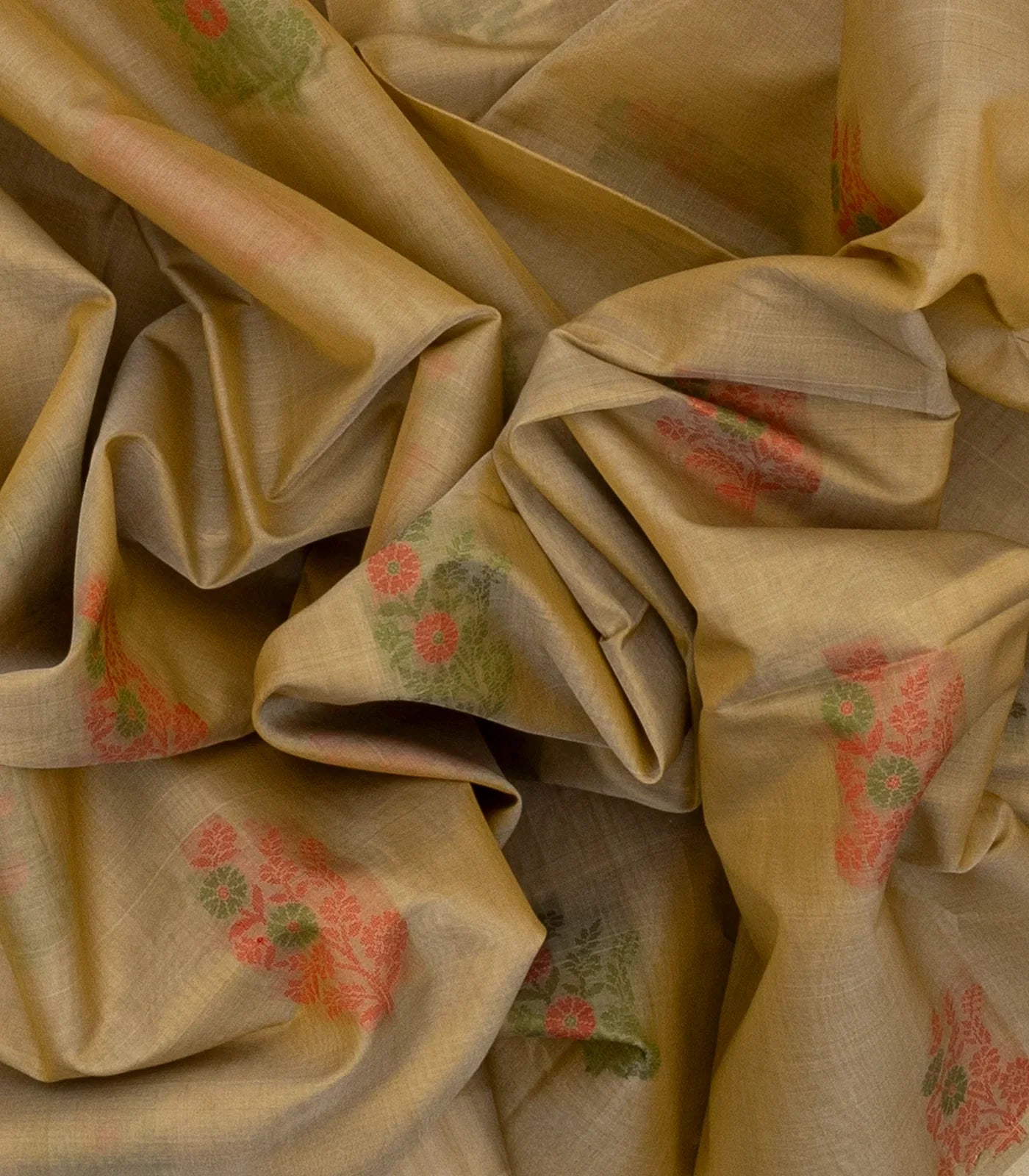 Taupe Handloom Kora Silk Cotton Saree With Buttas & Pink Pallu