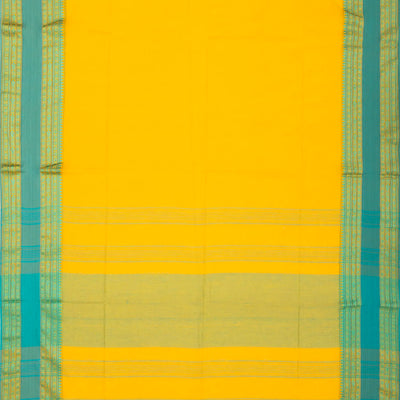 Yellow Handloom Bengal Cotton Saree With Turquoise Border