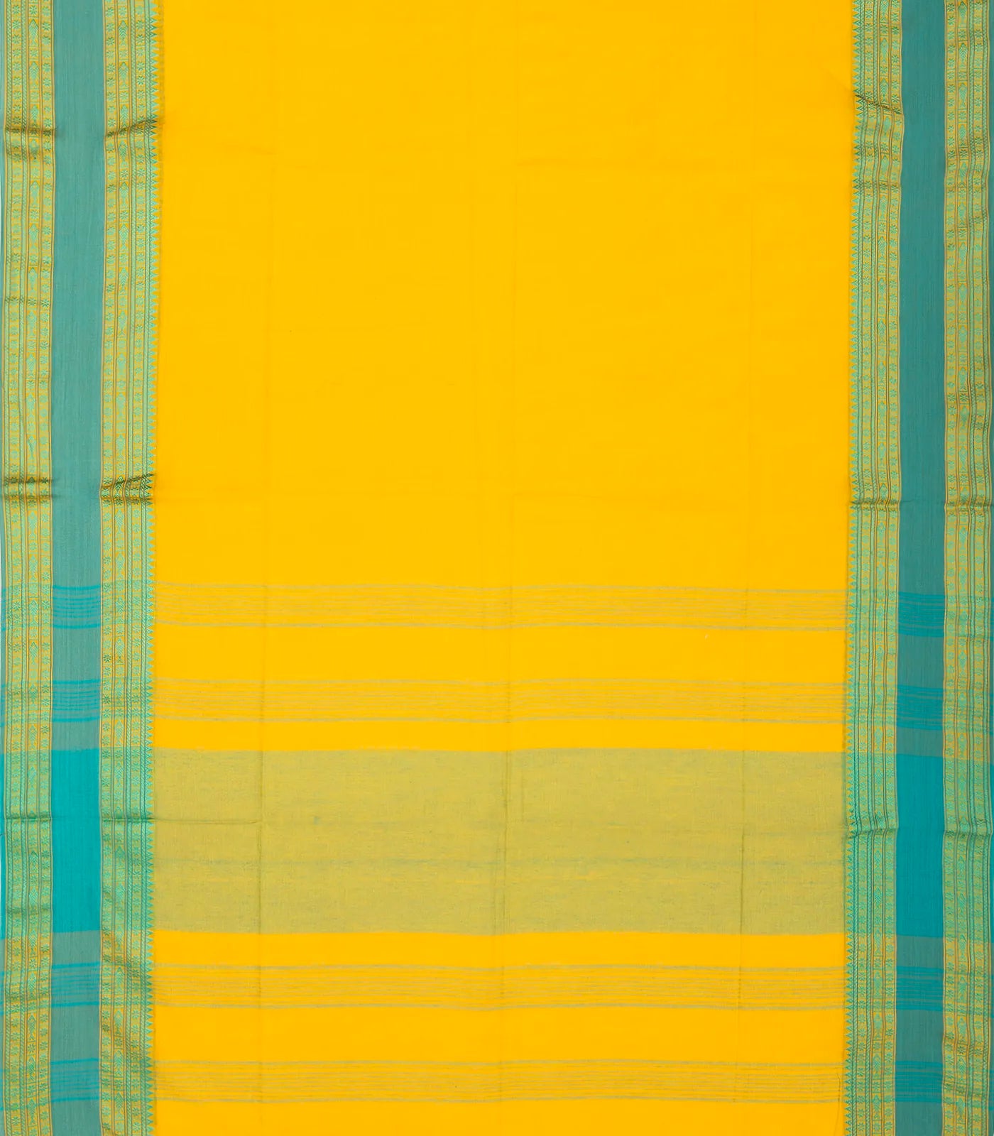 Yellow Handloom Bengal Cotton Saree With Turquoise Border