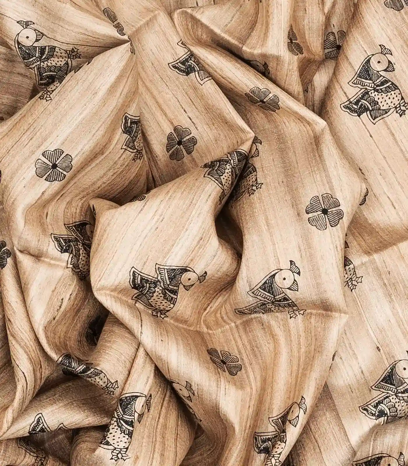 Beige Handwoven Tussar Silk Saree With Printed Bird Motifs