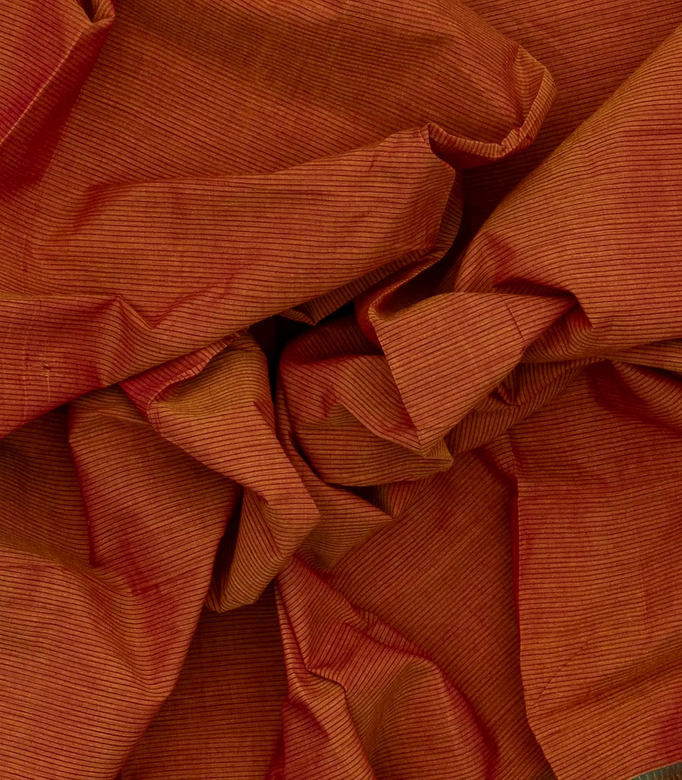 Rust Mangalagiri Cotton Saree With Stripes & Zari Border