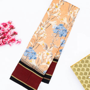 Light Peach Handloom Kanchipuram Korvai Silk Saree Printed With Floral Motifs