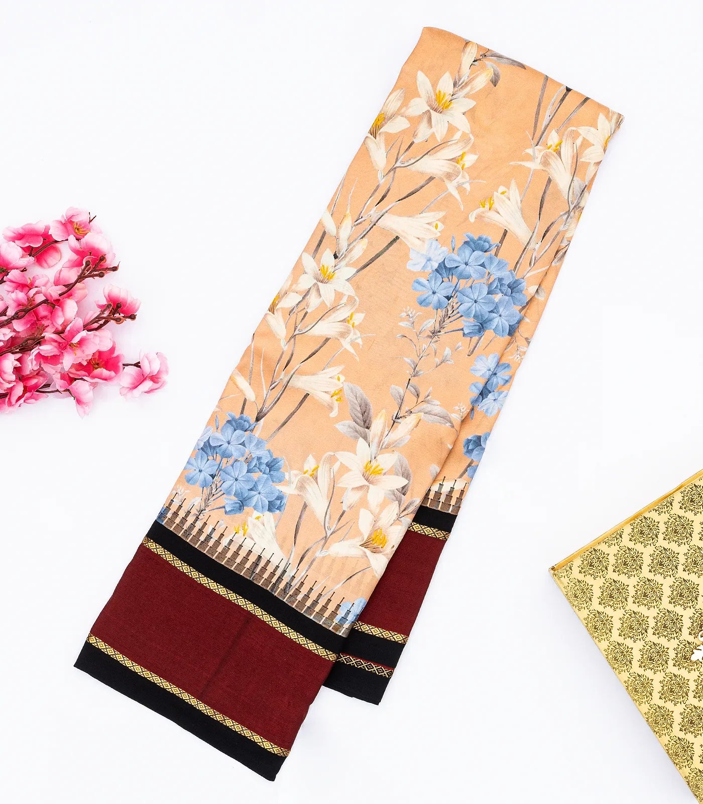 Light Peach Handloom Kanchipuram Korvai Silk Saree Printed With Floral Motifs