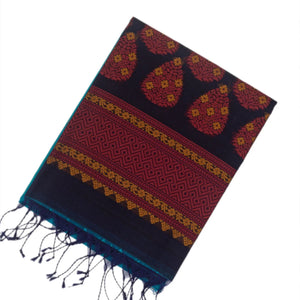 Cyan Handloom Kora Silk Cotton Saree With Buttas & Black Pallu