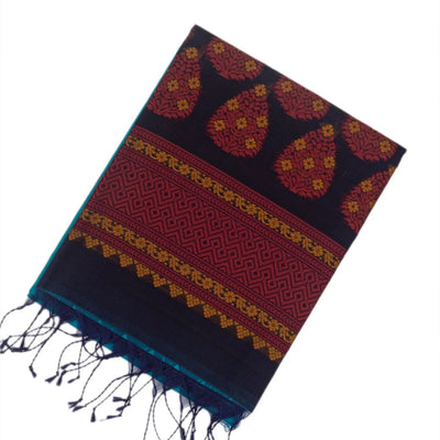 Cyan Handloom Kora Silk Cotton Saree With Buttas & Black Pallu