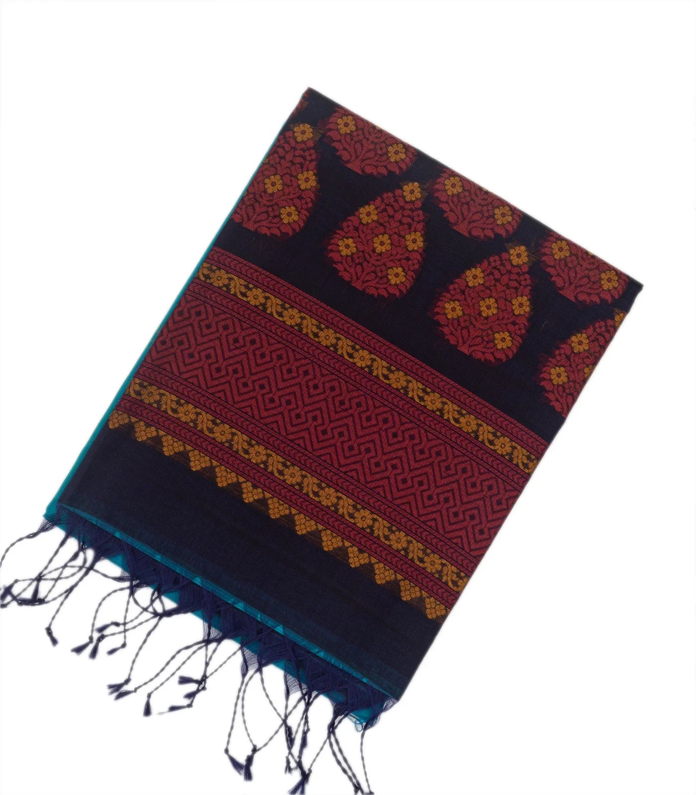 Cyan Handloom Kora Silk Cotton Saree With Buttas & Black Pallu