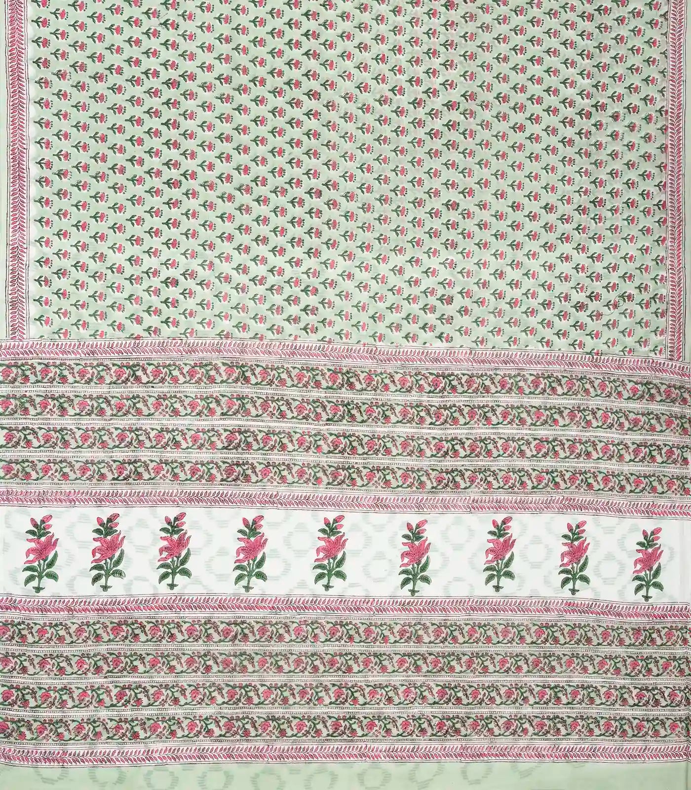 Light Green Woven Jaipur Cotton Saree With Pink Printed Floral Motifs