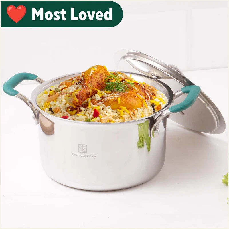 TurboCuk Tri-ply Stainless Steel Casserole/Biryani Cooking Pot+ Steel Lid, Premium 3 Layer Body, Cool Silicone Handles, Induction, Non-stick, 2.9L