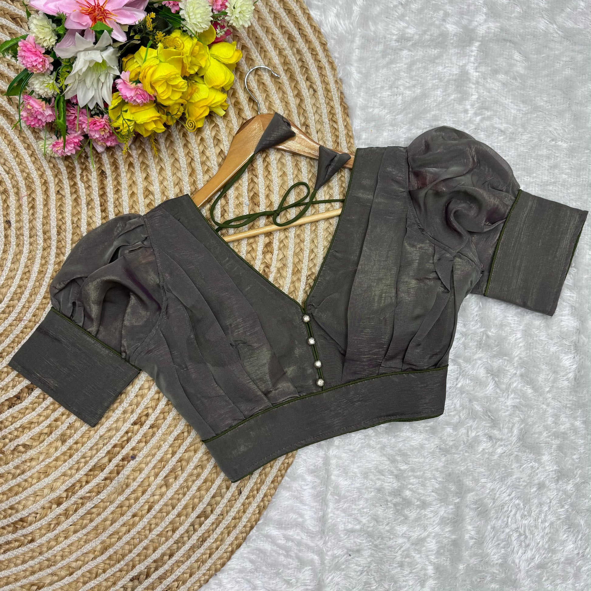 Black Color Metallic Jari Blouse with Ruffled Pattern and Balloon Sleeves