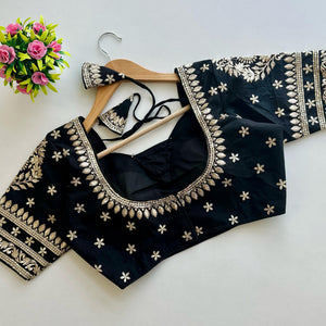 Black Golden Embroidered Blubbery Silk Blouse with Sequins