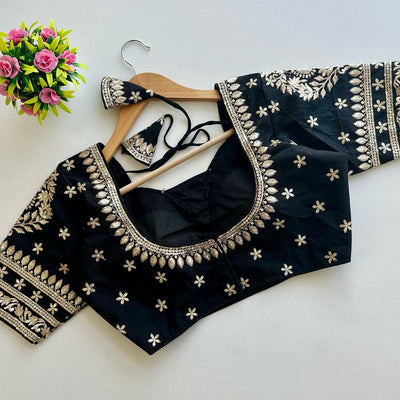 Black Golden Embroidered Blubbery Silk Blouse with Sequins