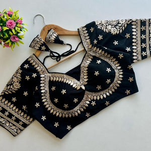 Black Golden Embroidered Blubbery Silk Blouse with Sequins