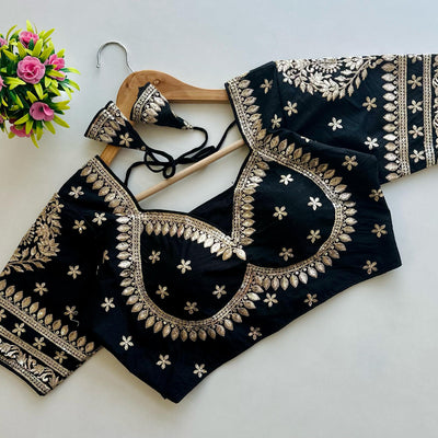 Black Golden Embroidered Blubbery Silk Blouse with Sequins