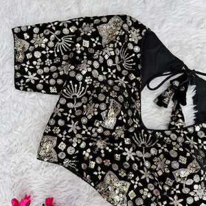 Black Golden Embroidered Velvet Blouse with Sequins