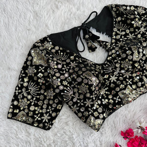 Black Golden Embroidered Velvet Blouse with Sequins
