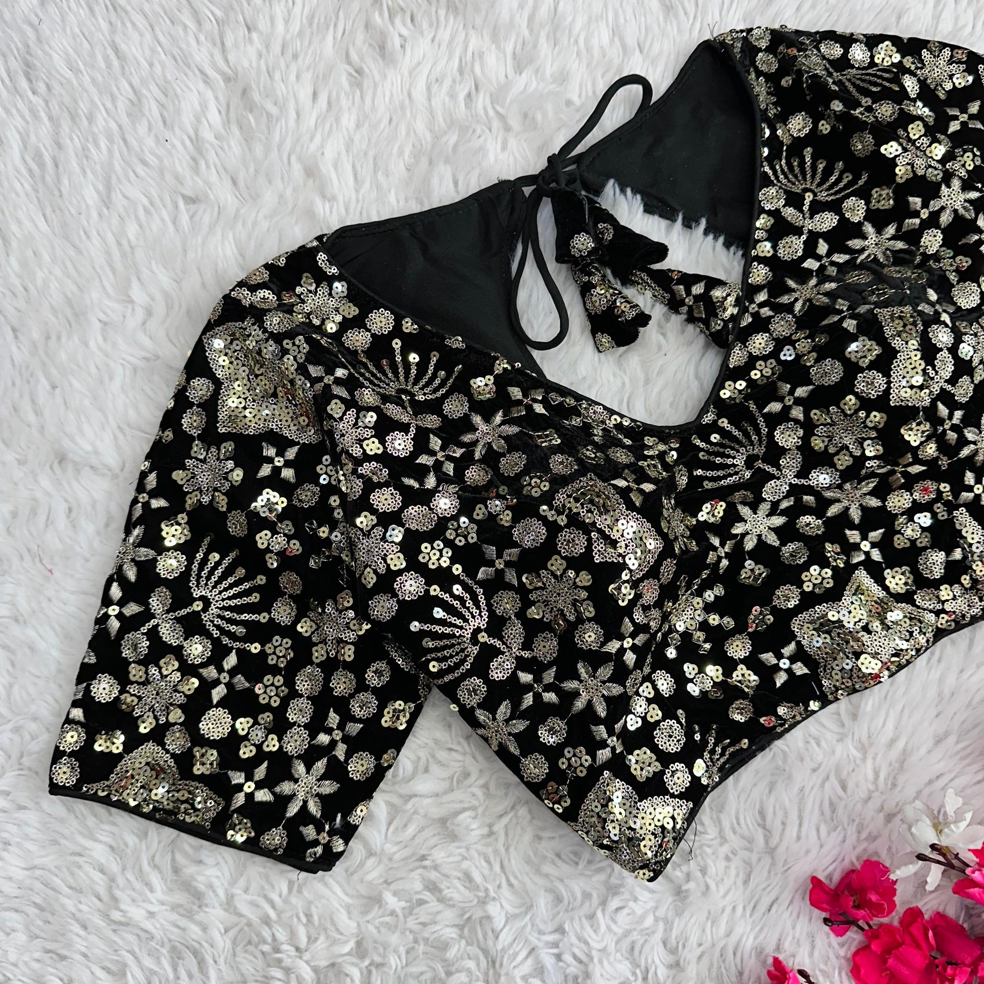 Black Golden Embroidered Velvet Blouse with Sequins