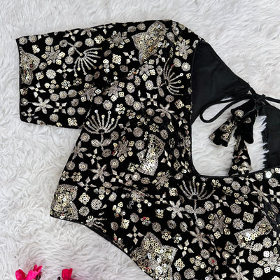 Black Golden Embroidered Velvet Blouse with Sequins