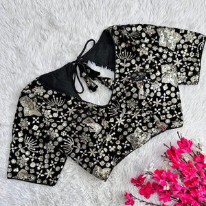 Black Golden Embroidered Velvet Blouse with Sequins