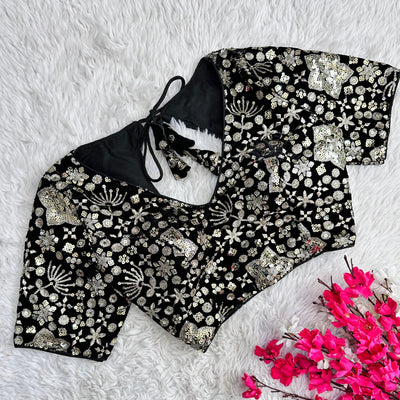 Black Golden Embroidered Velvet Blouse with Sequins