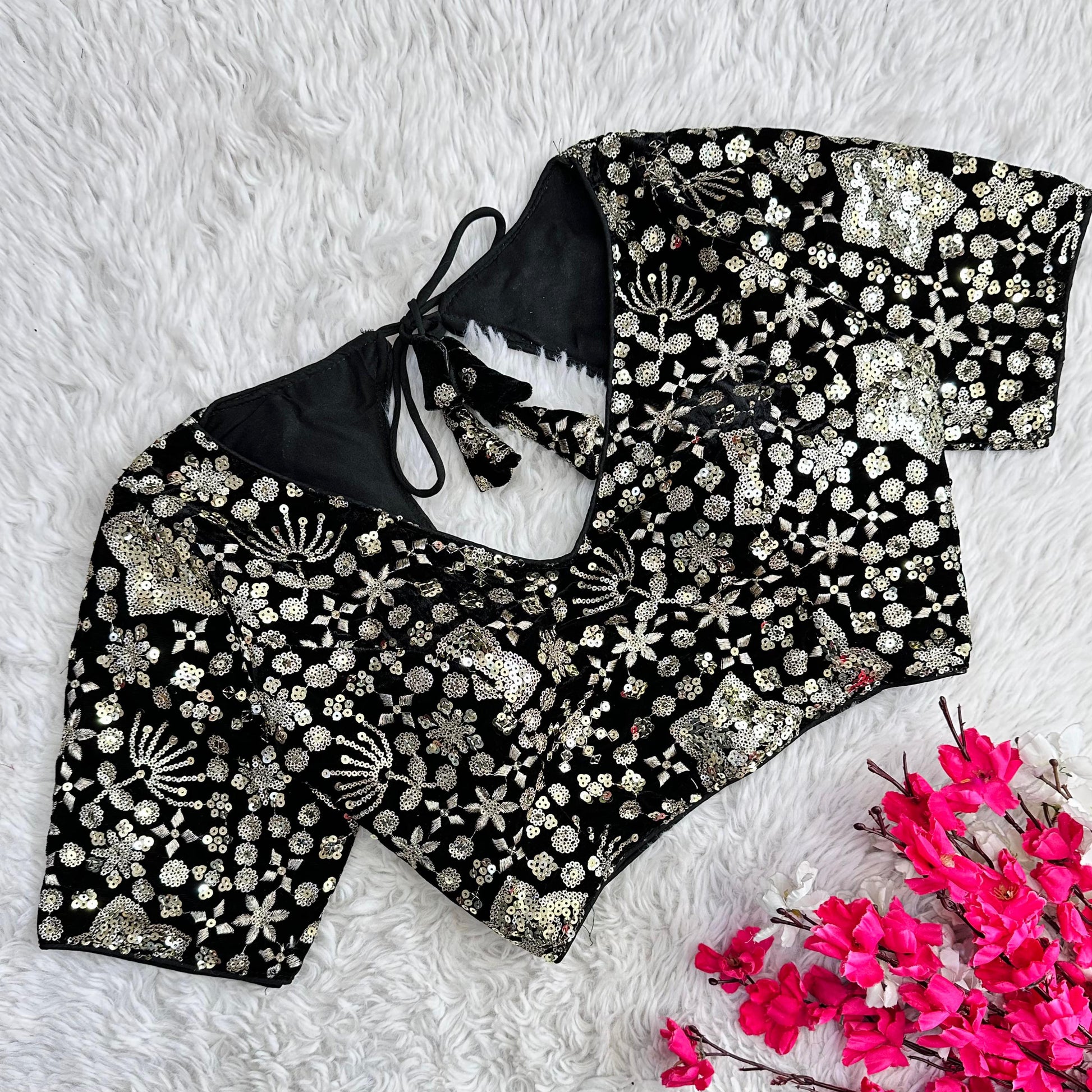 Black Golden Embroidered Velvet Blouse with Sequins