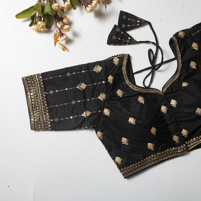 Black Golden Embroidered Vibrant Silk Blouse with Sequins