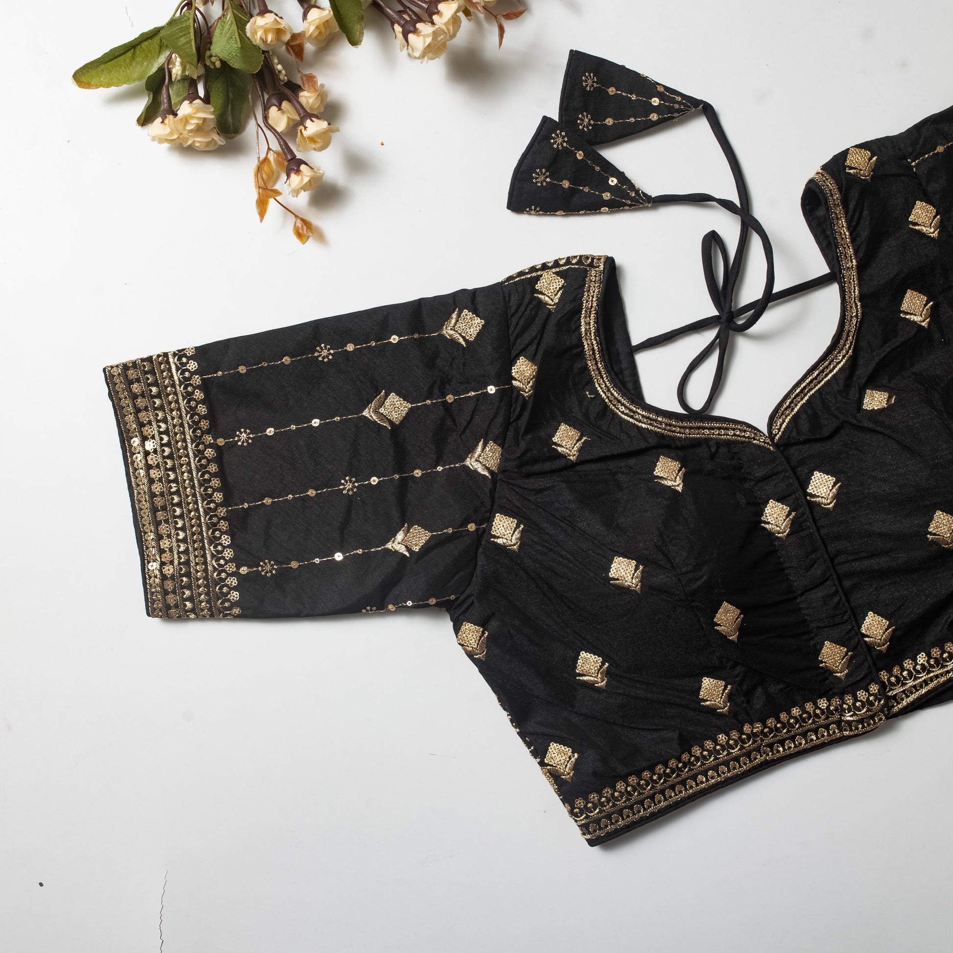Black Golden Embroidered Vibrant Silk Blouse with Sequins