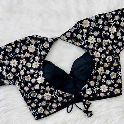 Black Hand-Embroidered Maharaja Georgette Blouse with Sequins