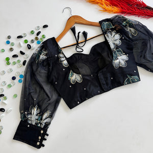Black Hand-Painted Organza Silk Blouse with Embroidery Accents