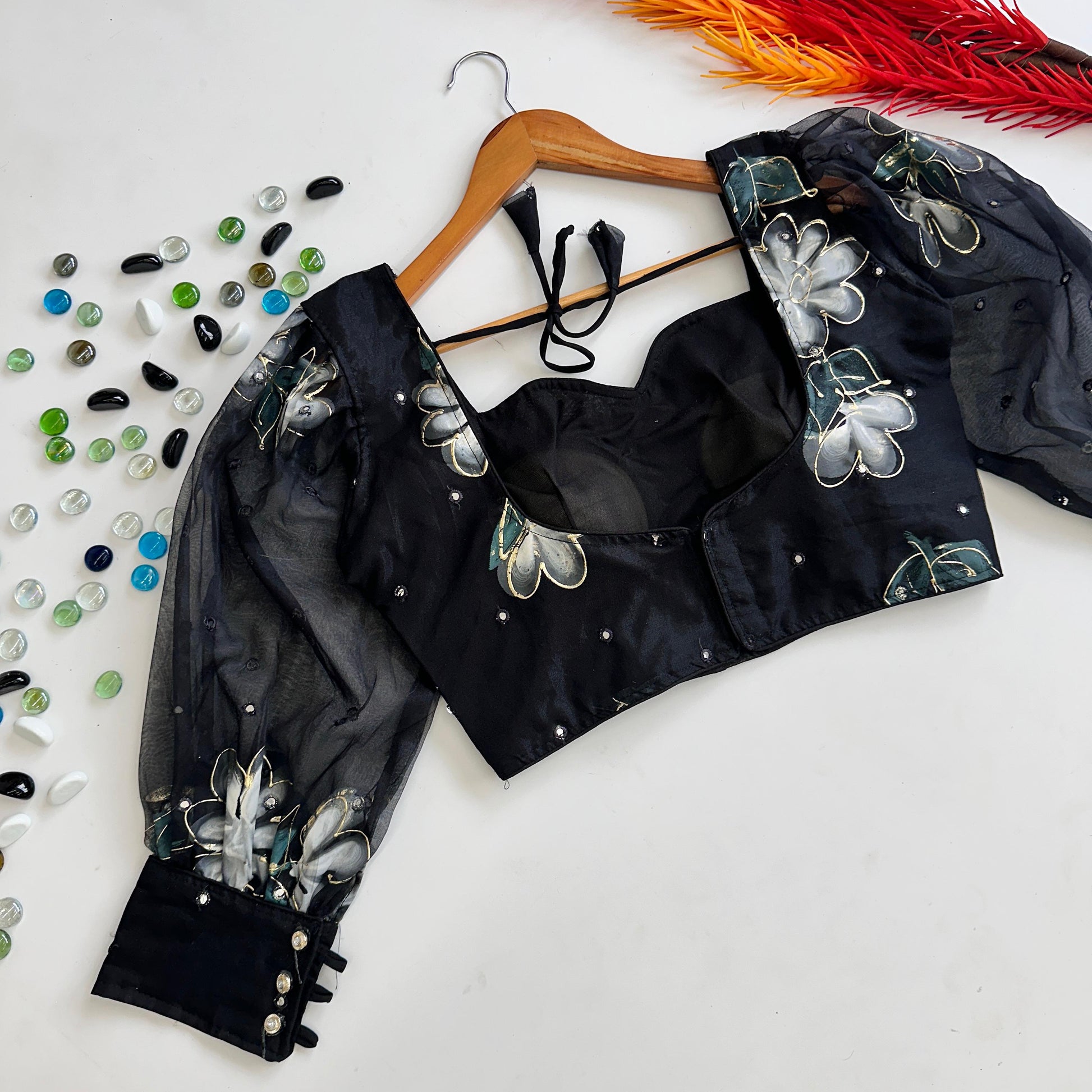 Black Hand-Painted Organza Silk Blouse with Embroidery Accents