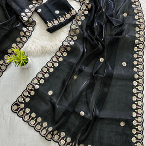 Black Jimmy Choo Saree with Beautiful Jaipuri Gota Work – Complete with Matching Running Blouse