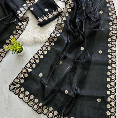 Black Jimmy Choo Saree with Beautiful Jaipuri Gota Work – Complete with Matching Running Blouse
