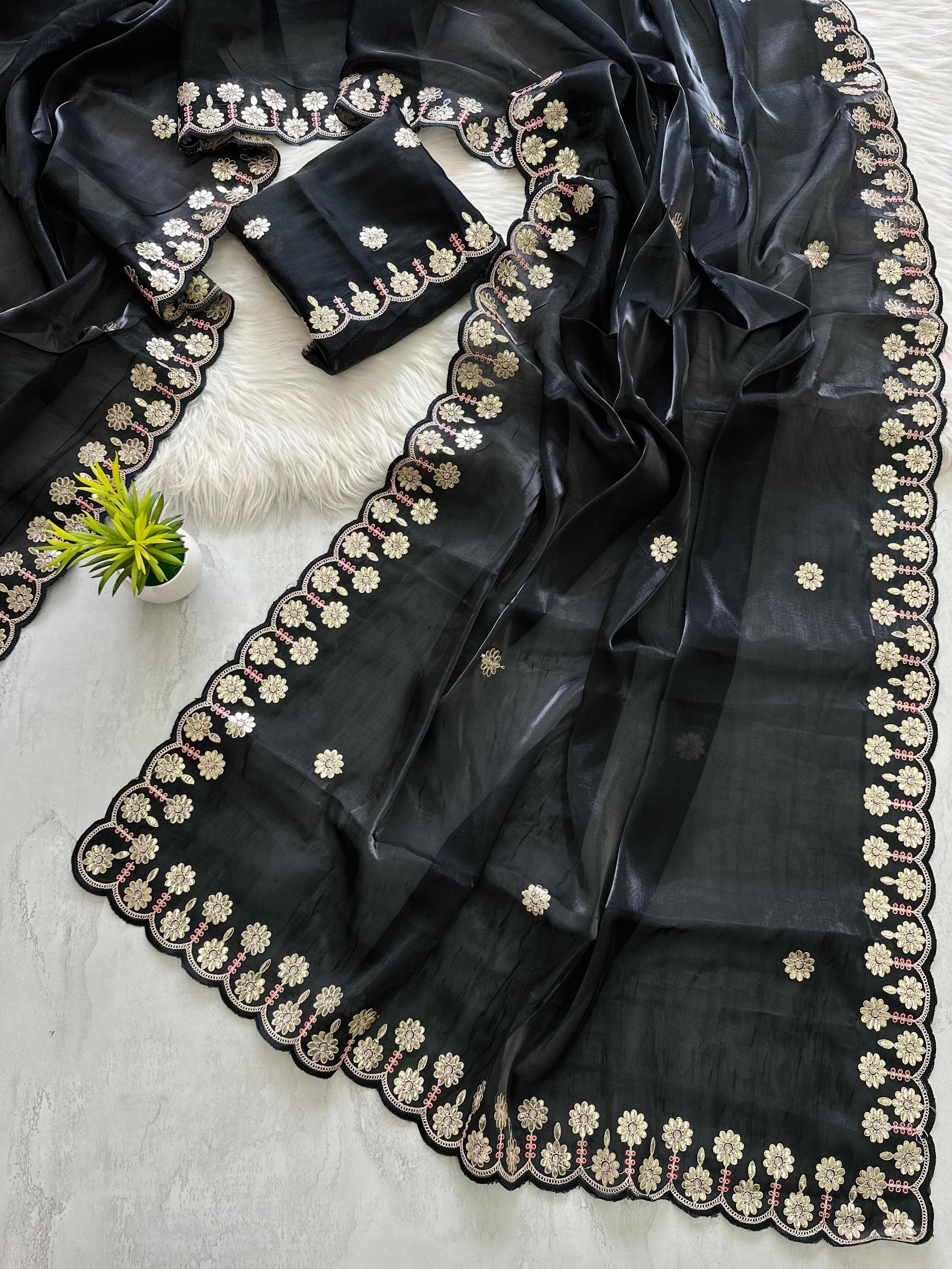 Black Jimmy Choo Saree with Beautiful Jaipuri Gota Work – Complete with Matching Running Blouse