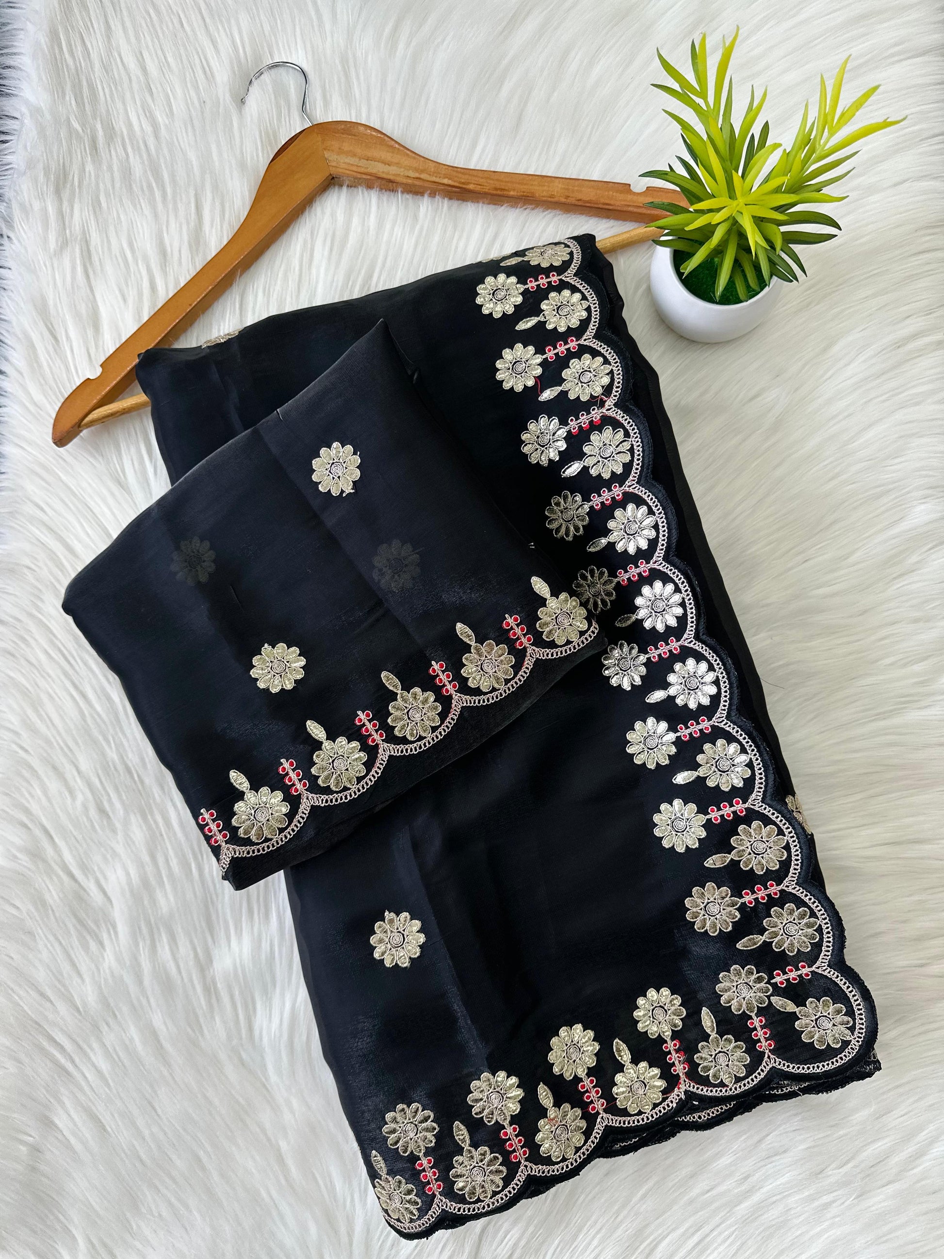 Black Jimmy Choo Saree with Beautiful Jaipuri Gota Work – Complete with Matching Running Blouse